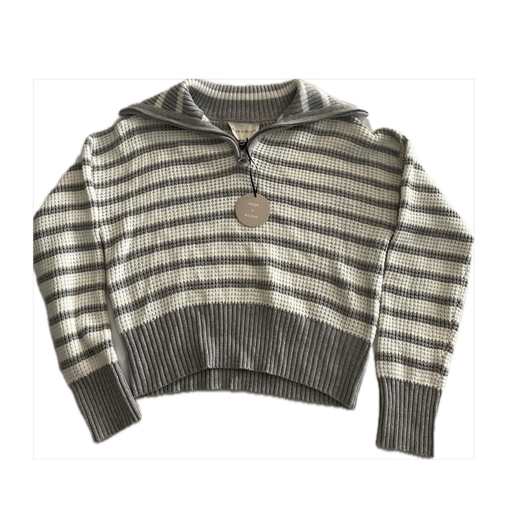 *NWT* Sage & Stone Gray and White Striped Quarter-Zip Cropped Sweater